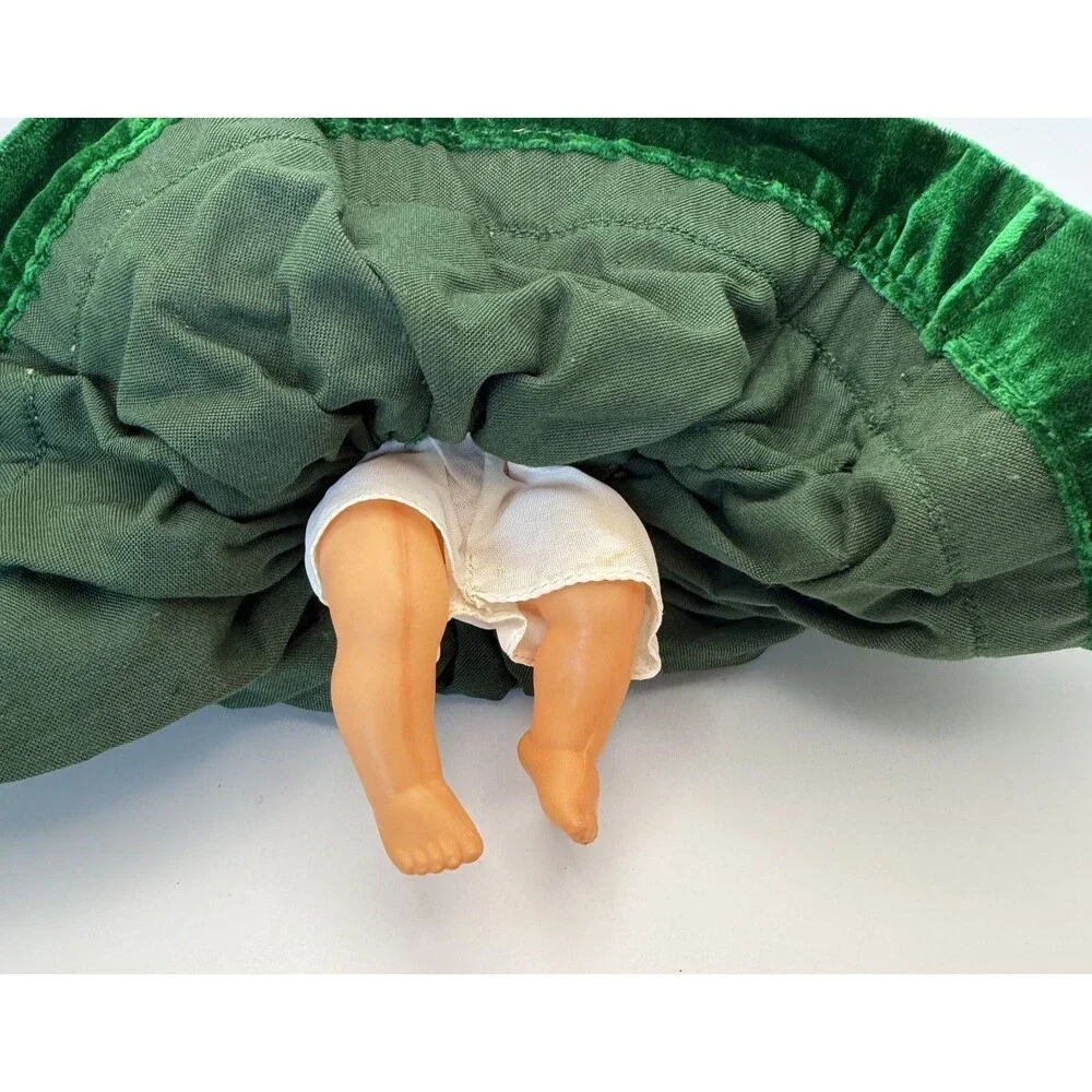 Vintage Bebe Breton French Celluloid Doll Green Velvet Dress Beaded Bonnet Lace